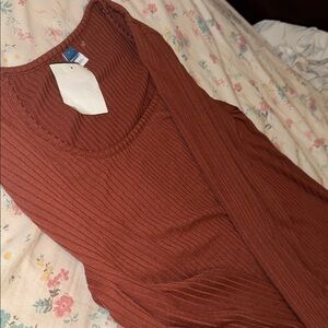 Reddish-brown Ribbed Long Sleeve Dress